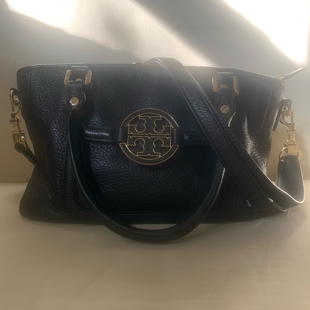 Tory Burch Amanda Mini Satchel Hobo Bag in Black Pebbled Leather